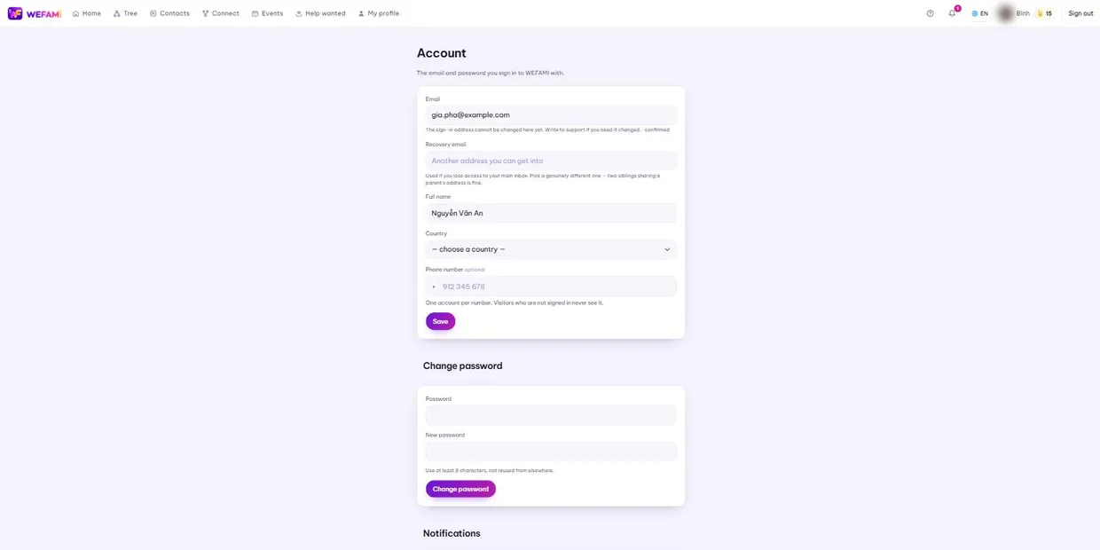 The Account page: email, recovery email, full name, phone number.