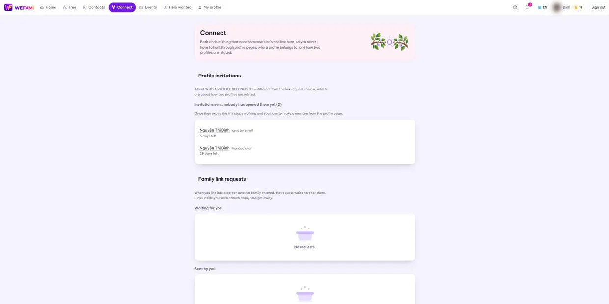 Top of the Connect page: invitations sent, with time left on each.