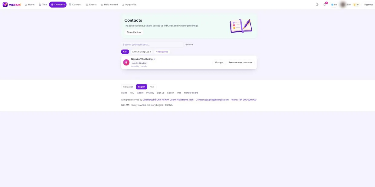 Contacts with the search bar, the groups, and one saved person.