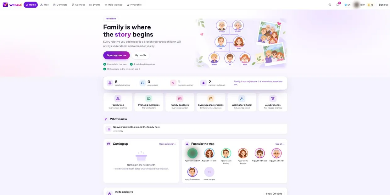 The home page after signing in: greeting, four counts, then six shortcuts.